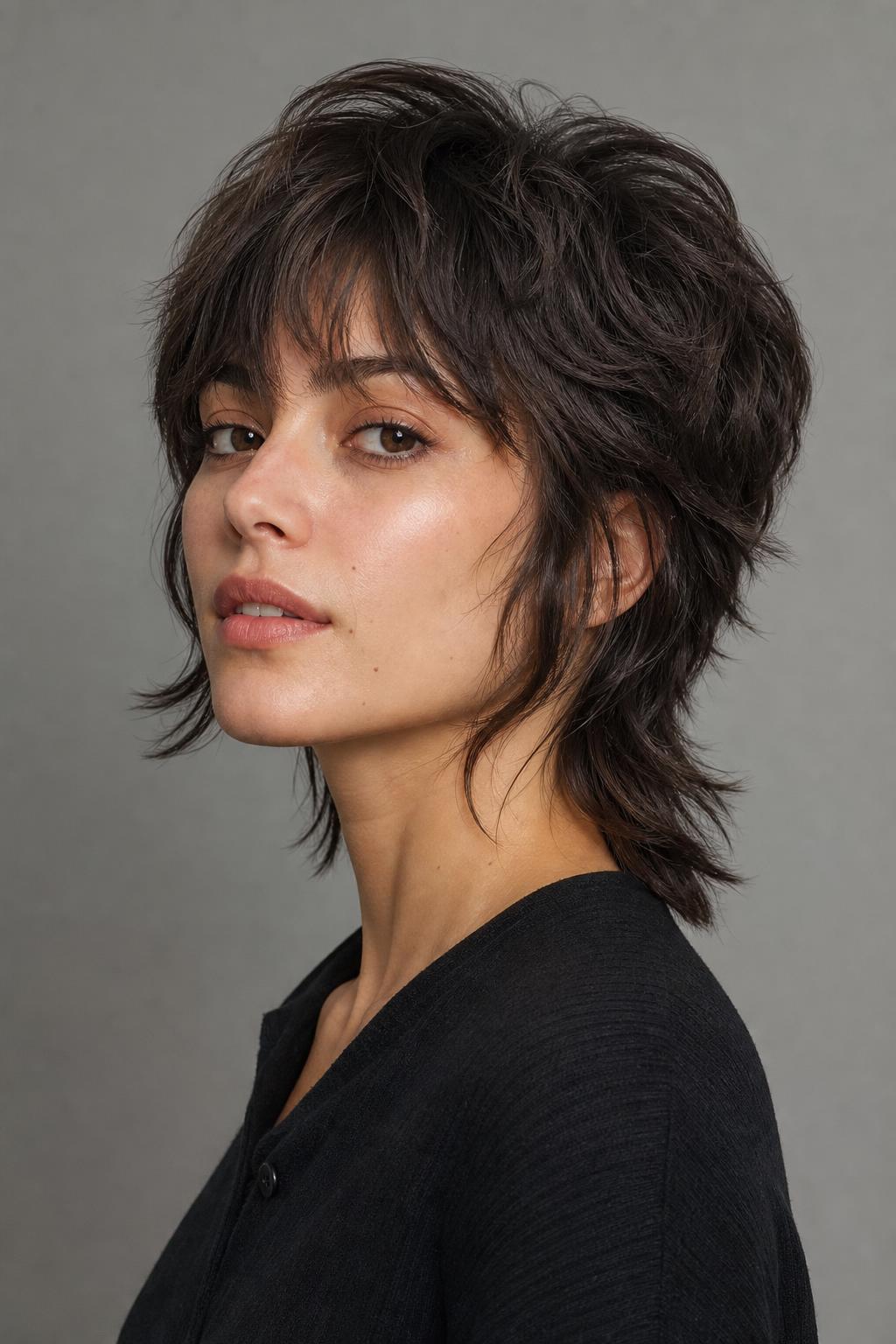 Short Wolf Cut with a Voluminous Crown and Longer Perimeter Pieces on Dark Wavy Hair