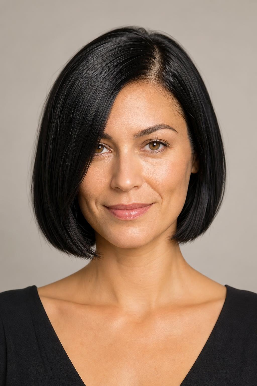 Sleek Chin-Length Bob with a Deep Side Part on Glossy Black Straight Hair