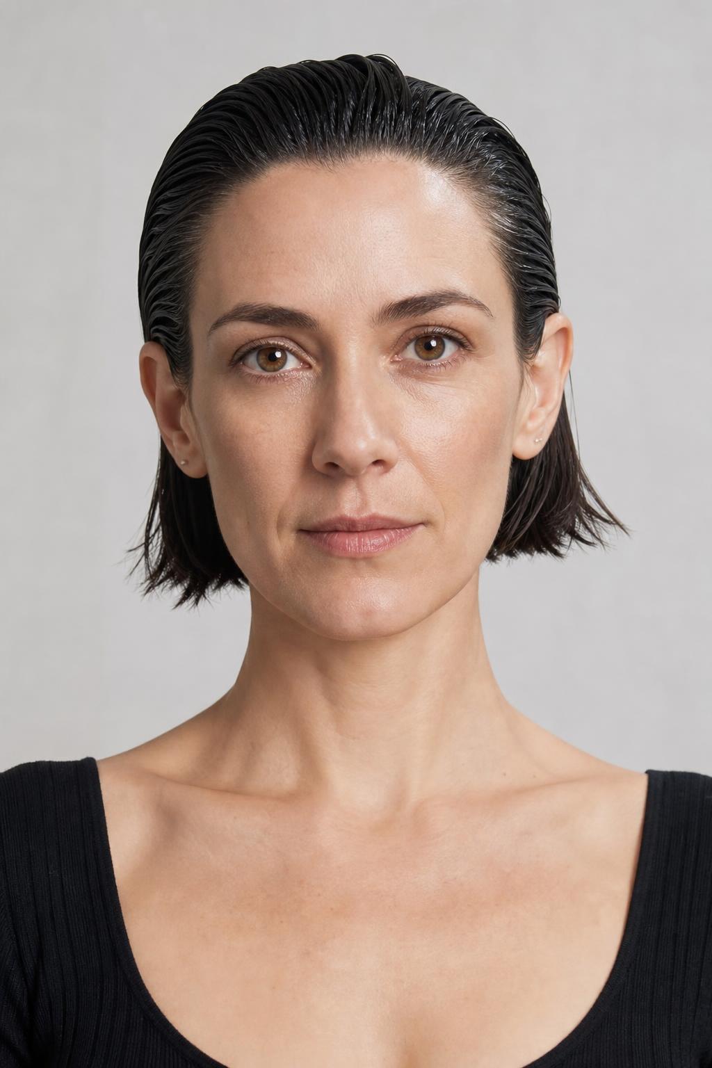 Slicked-Back Chin-Length Hair Combed Straight Back from the Hairline