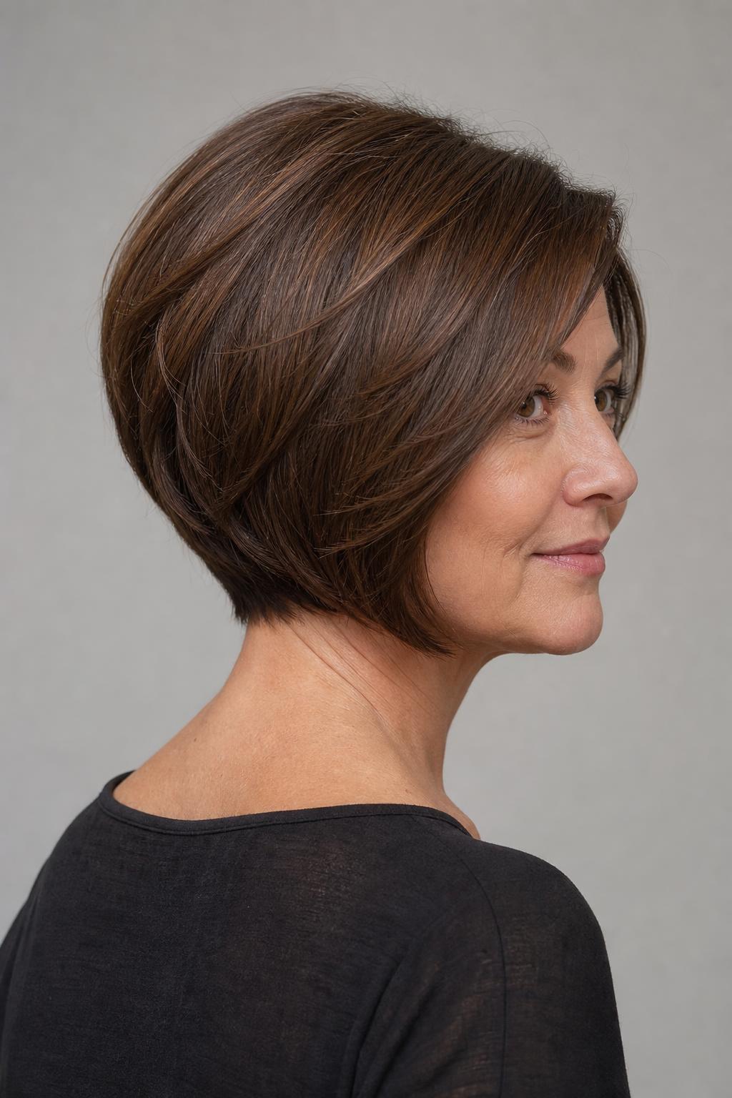 Stacked Bob with a Graduated Nape and Forward-Angled Front on Medium Brown Hair