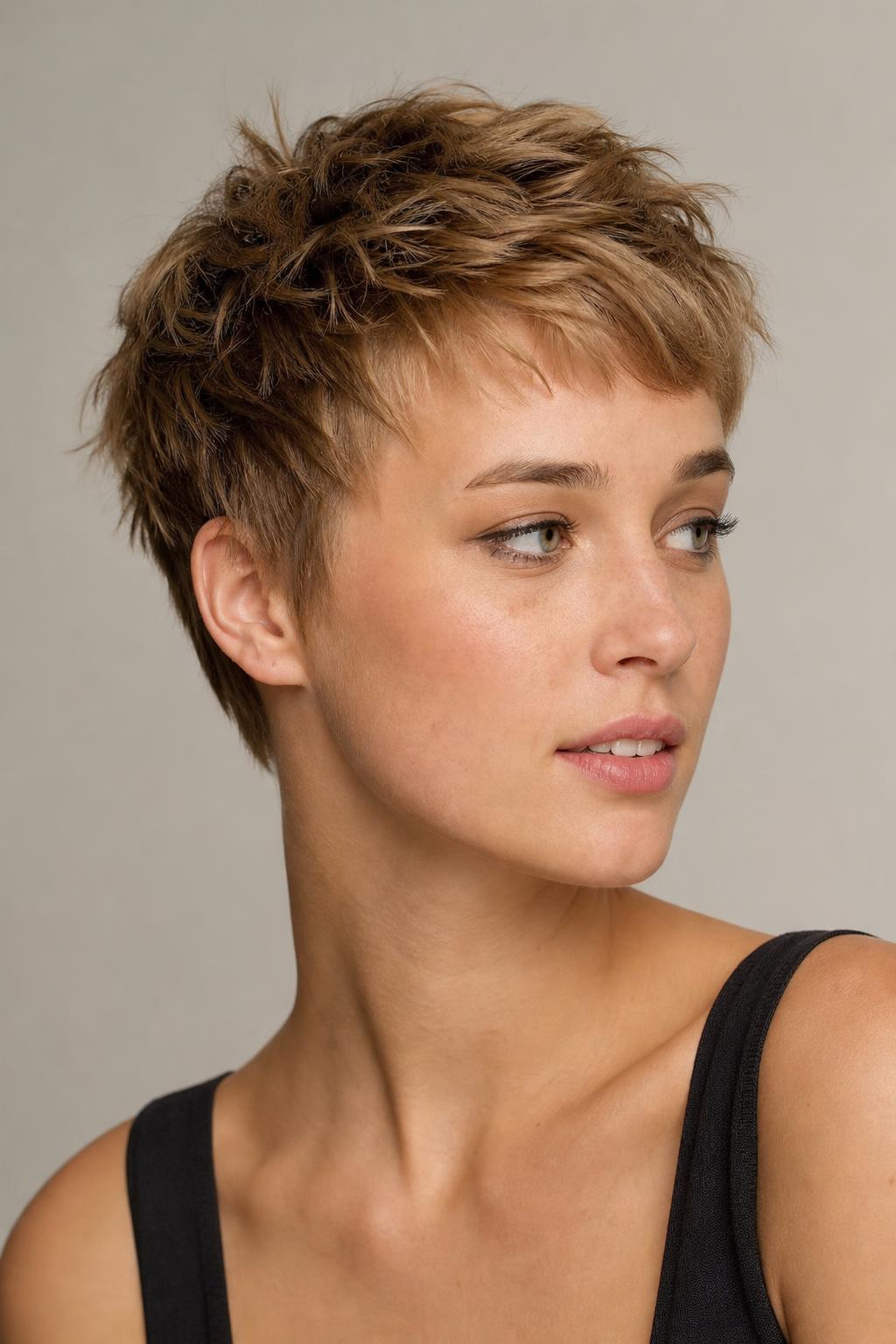 Textured Short Crop with Piecey Separated Top Sections on Dark Blonde Hair