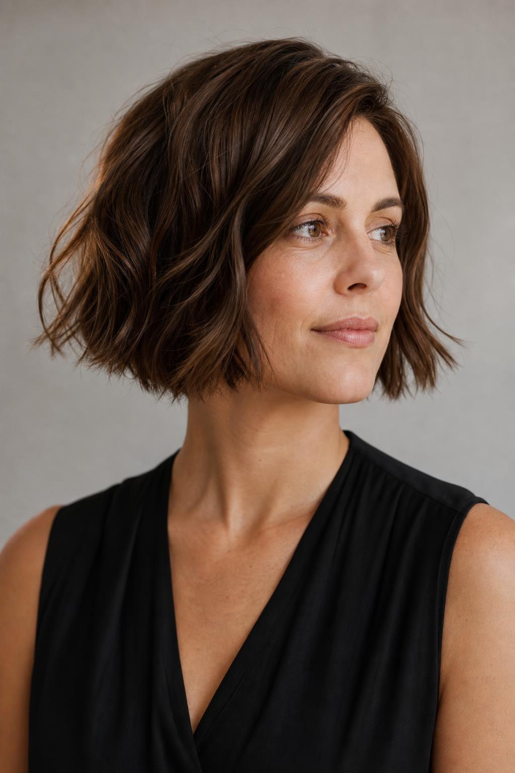 Textured Bob with Point-Cut Ends and Soft Movement on Thick Wavy Chestnut Hair