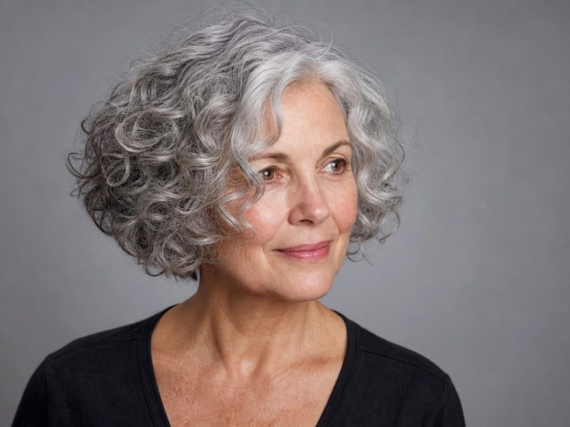 Chin-Length Curly Bob with Defined Silver Curls and Soft Face-Framing Pieces