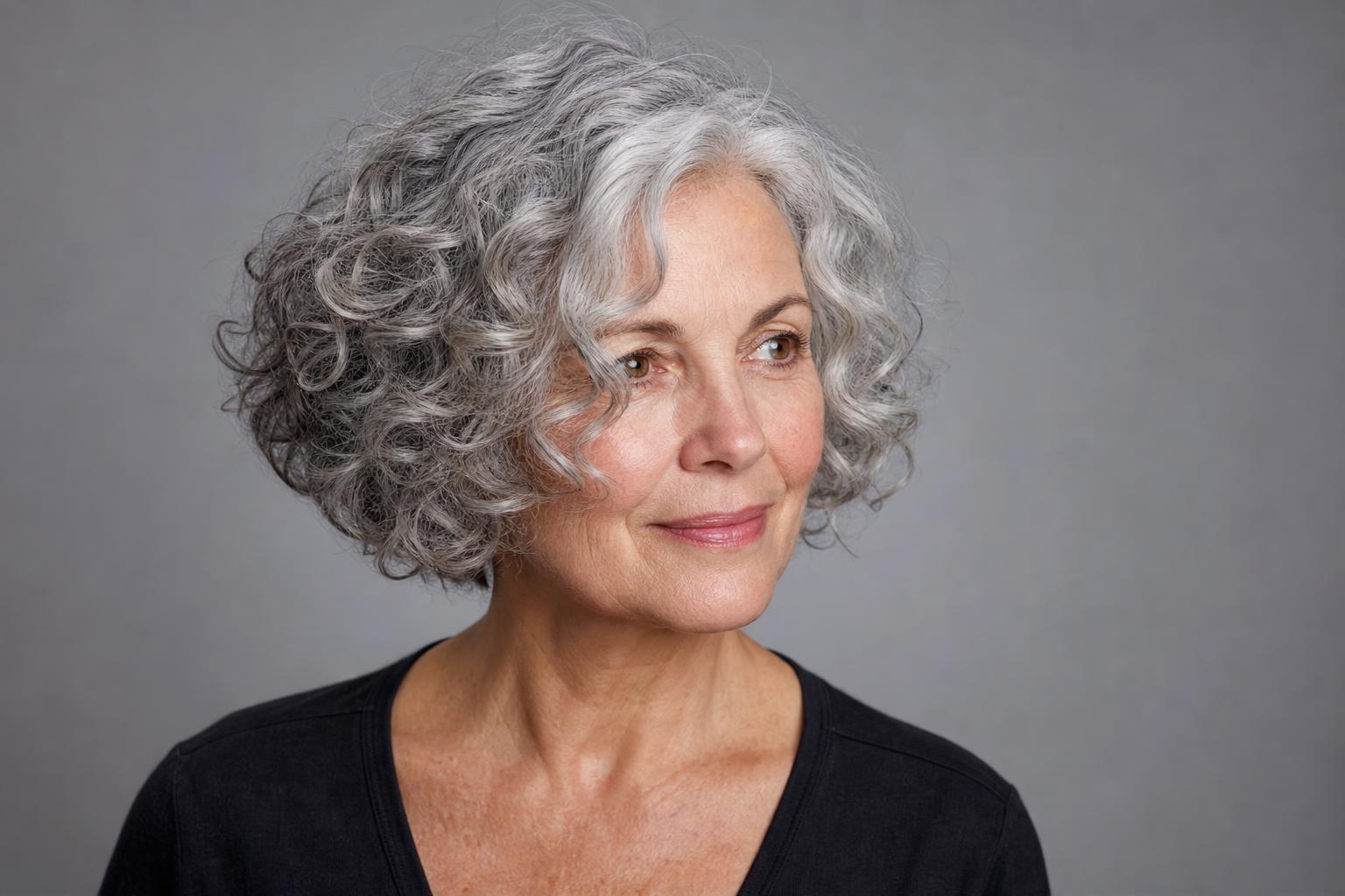 Chin-Length Curly Bob with Defined Silver Curls and Soft Face-Framing Pieces