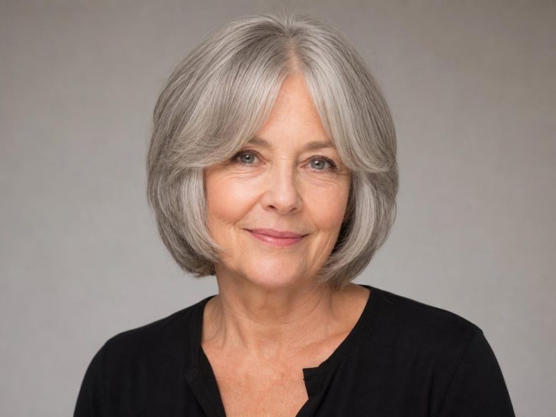 Woman Over 60 with Soft Curtain Bangs on a Layered Silver Bob