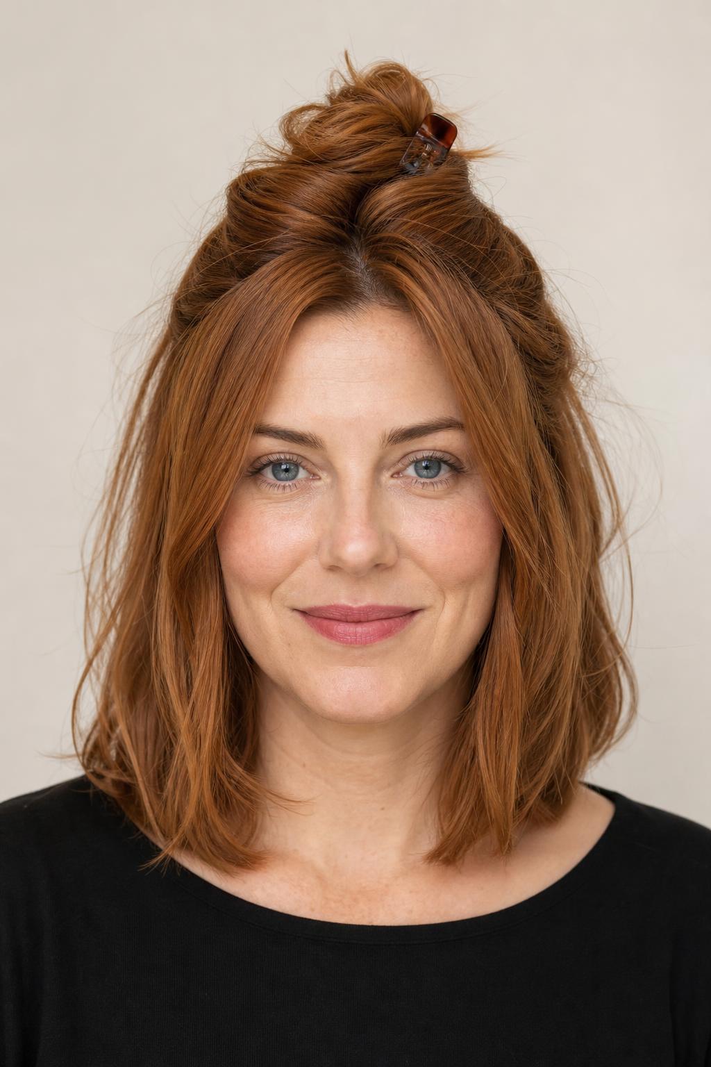 Quick Claw-Clipped Twist with Refreshed Root Volume on Auburn Hair