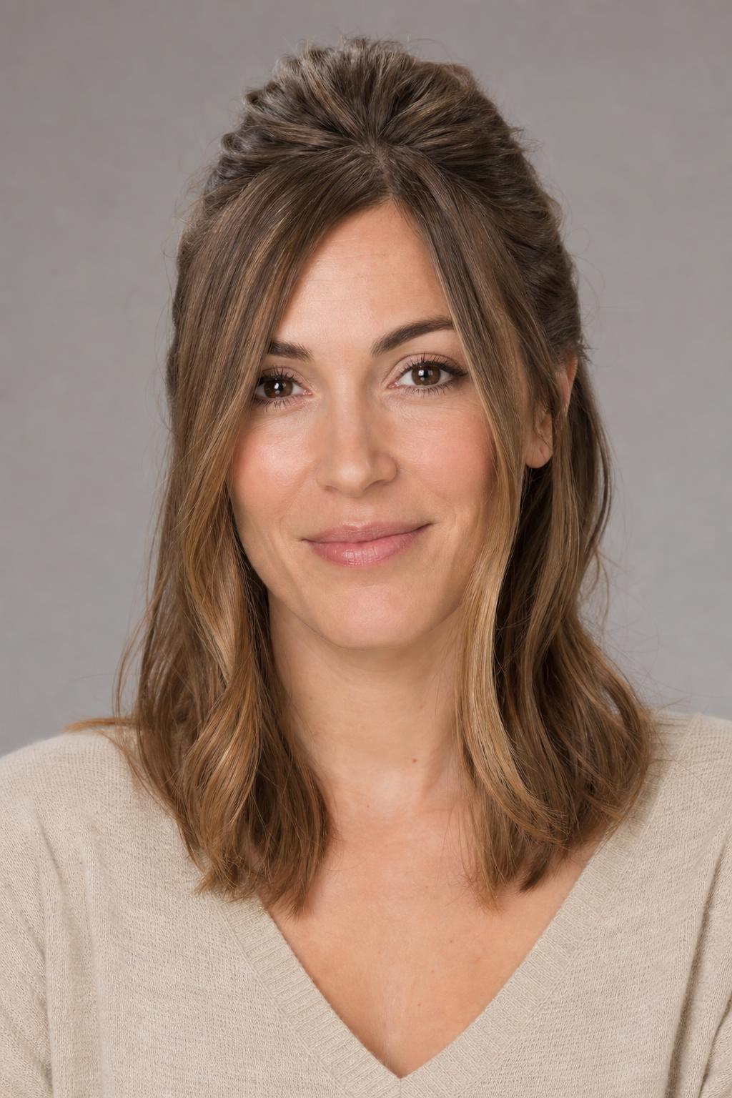 Half-Up Style with Long Diagonal Face-Framing Pieces on Light Brown Hair