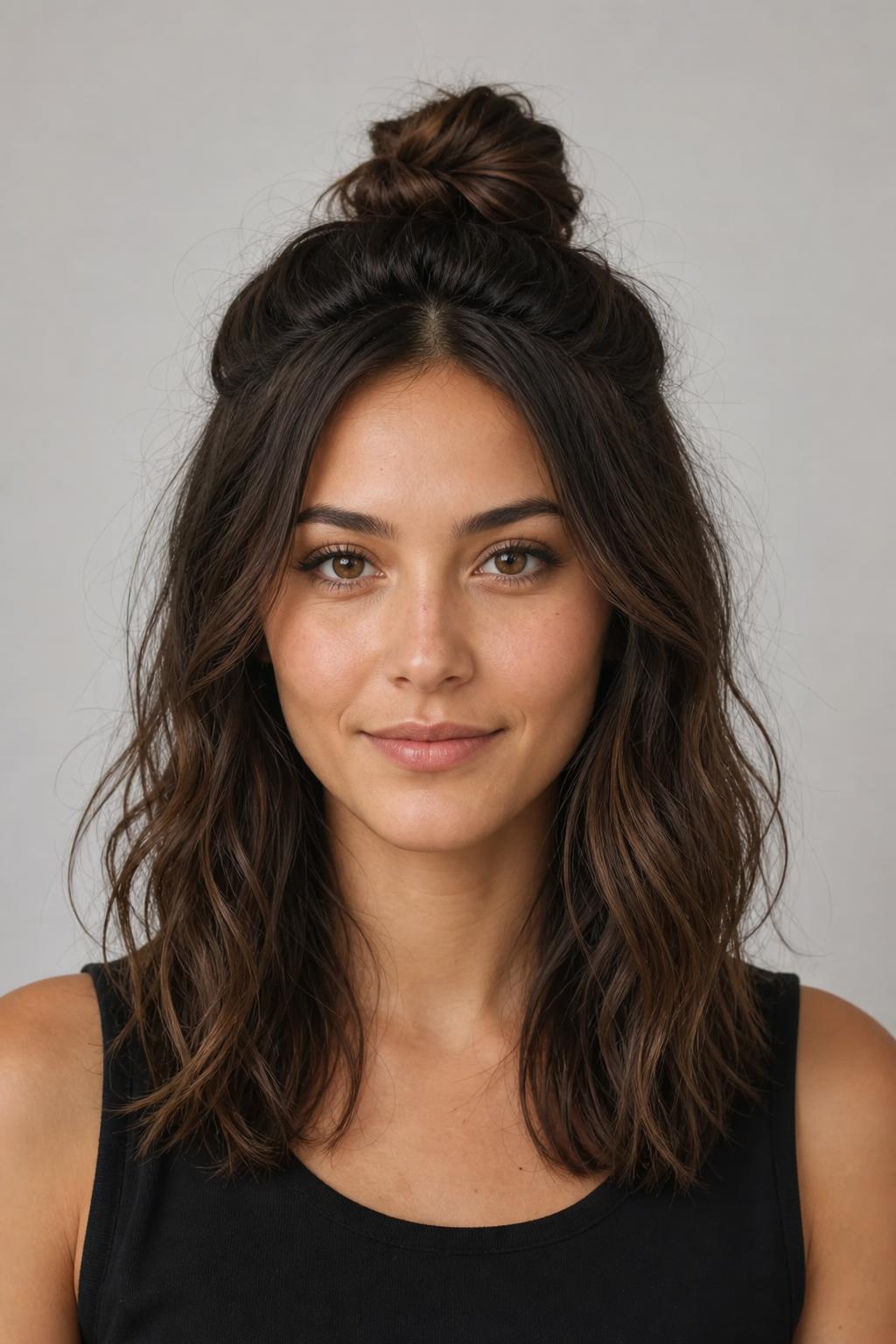 Half-Up Bun with the Lower Length Left Loose Around the Shoulders