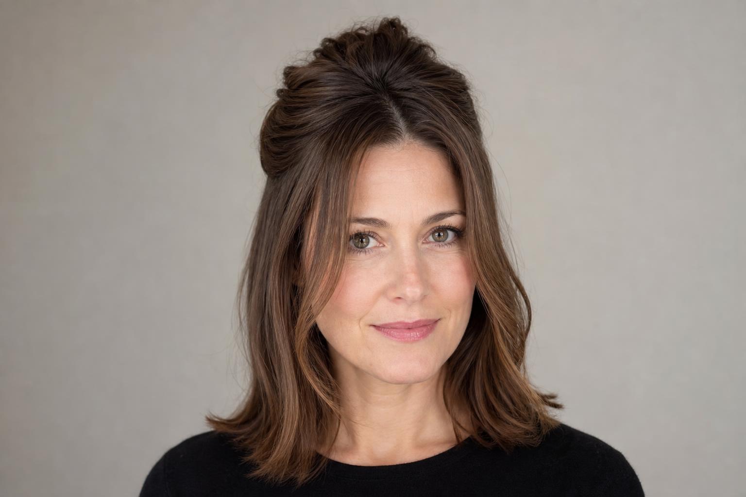 Half-Up Style with Soft Face-Framing Pieces and Crown Volume on Brown Hair