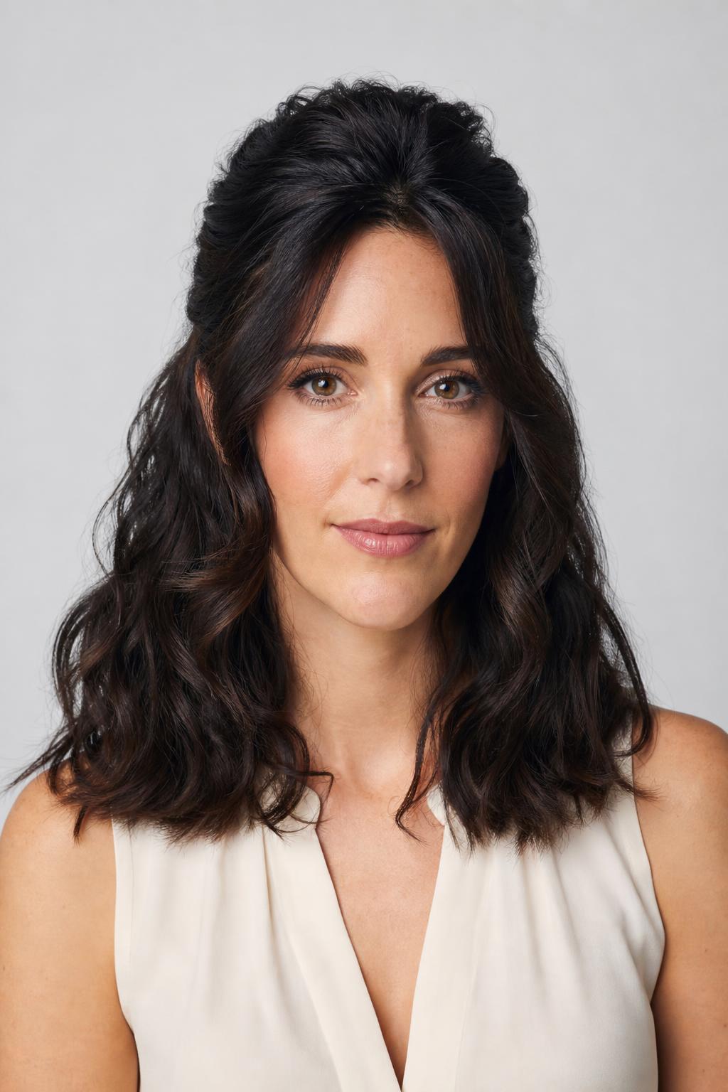 Half-Up Style with Flat Crown and Width at Ear Level on Dark Wavy Hair