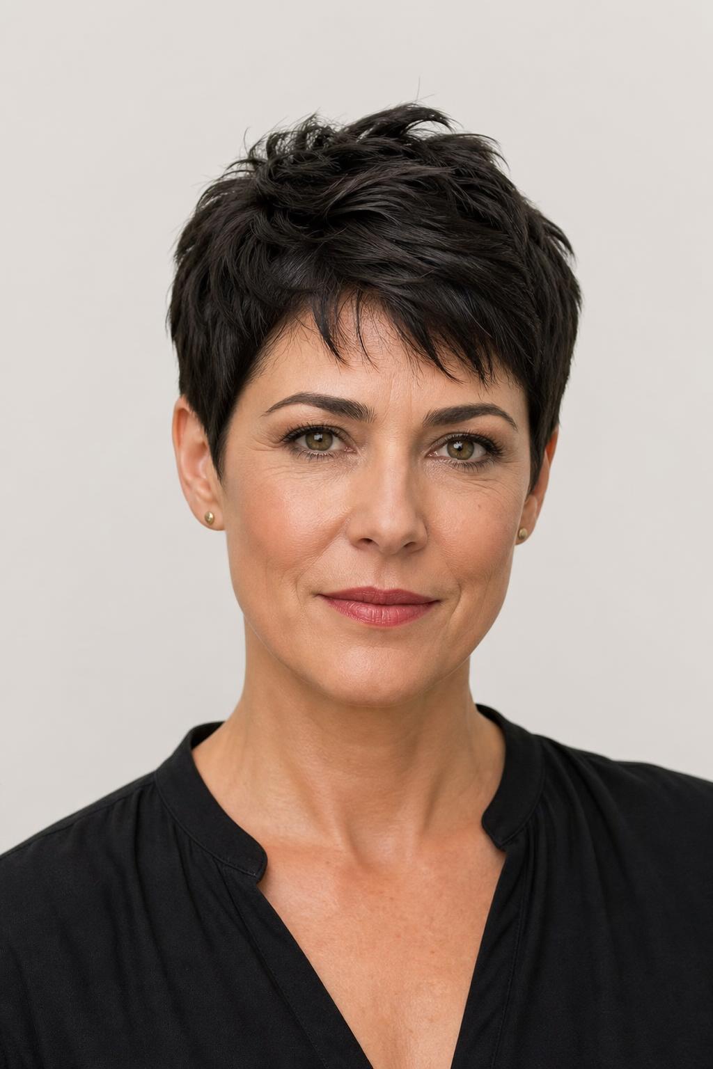 Piecey Pixie Cut with Separated Matte Texture on Top on Dark Hair