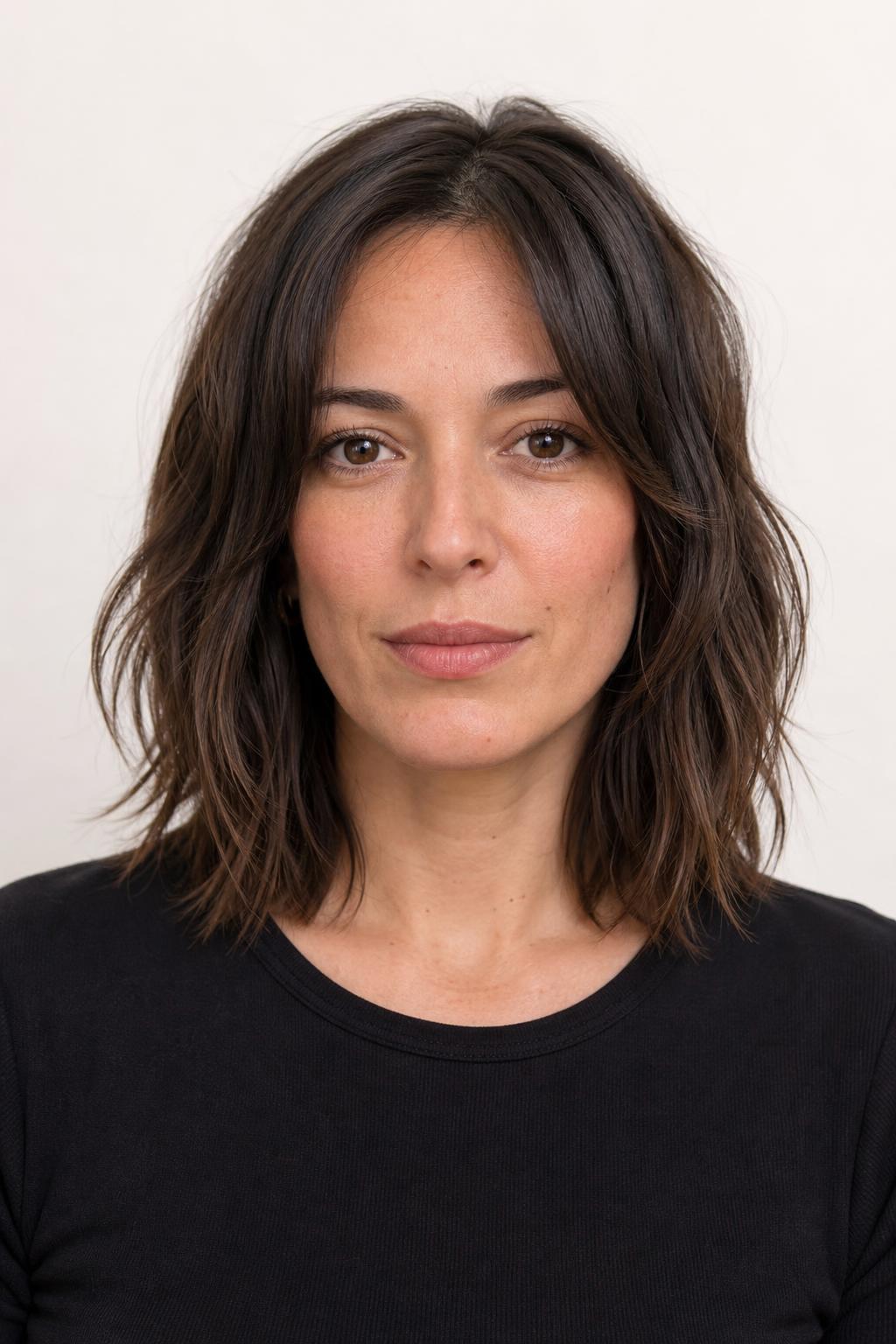Second-Day Textured Hair with Natural Body on Dark Shoulder-Length Hair