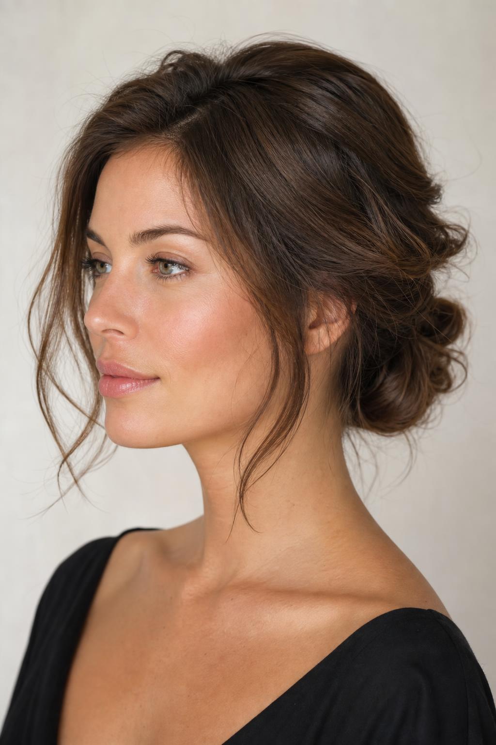 Softly Loosened Low Bun with Gentle Volume at the Sides on Brown Hair