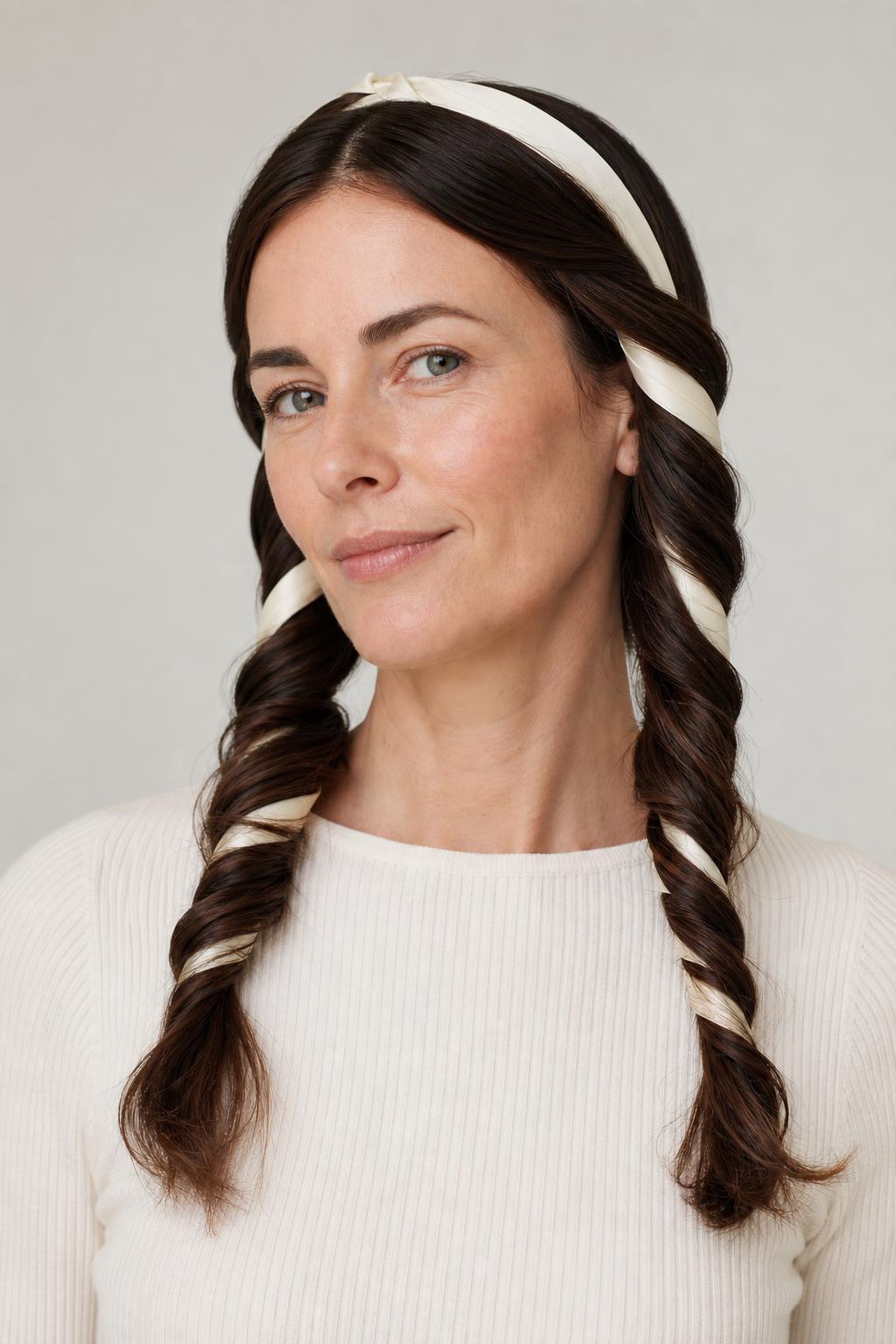 Damp Hair Wrapped Around a Satin Robe Tie in Alternating Sections Before Bed