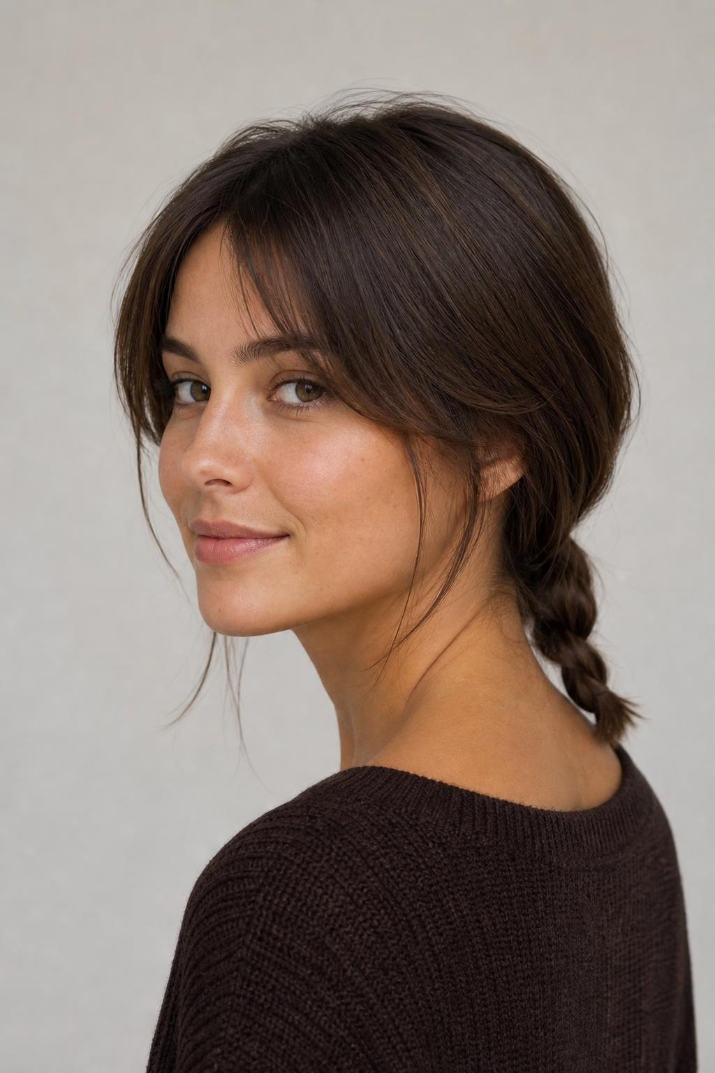 Collarbone-Length Lob Gathered into a Low Braid at the Nape