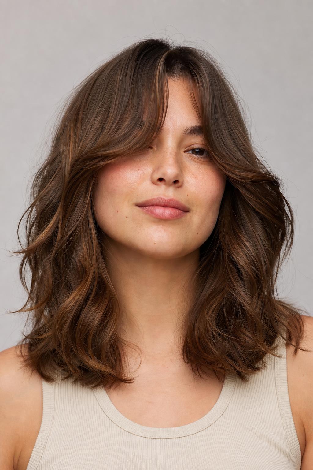 Cheekbone-Length Curtain Bangs Swept to One Side on Wavy Brunette Hair