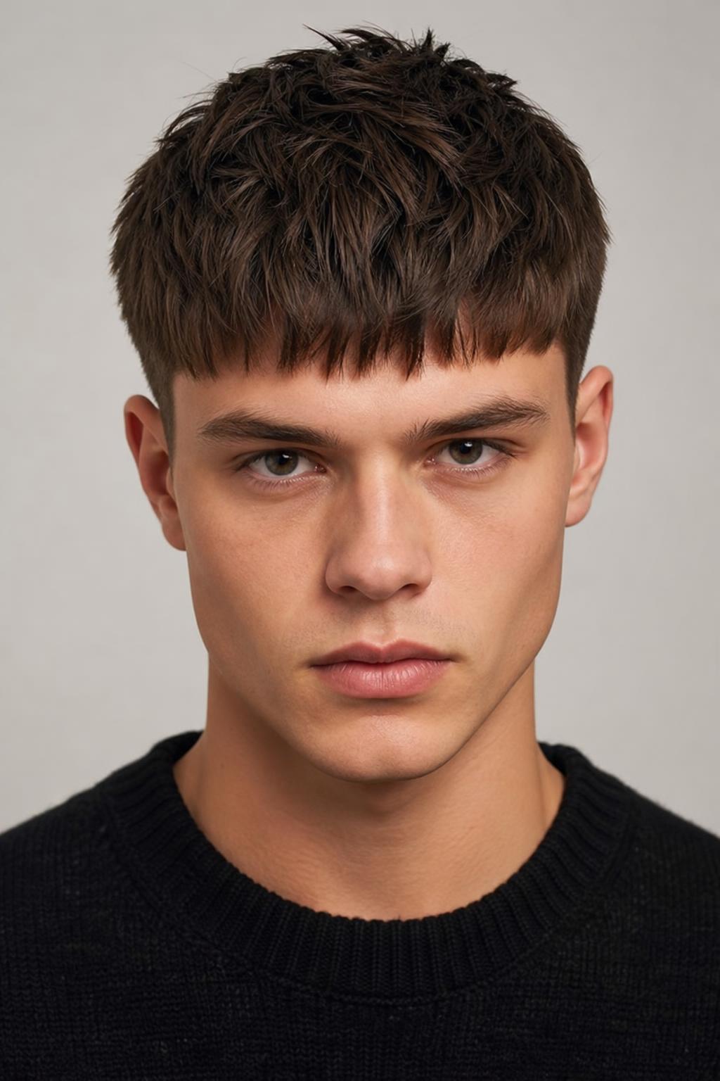 Textured French Crop with a Short Forward Fringe on Straight Dark Hair