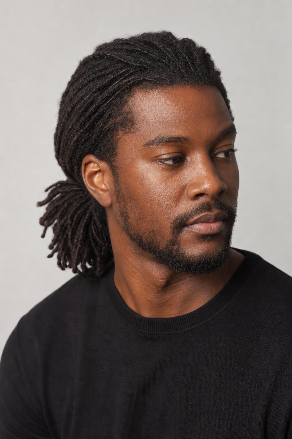 Shoulder-Length Locs Gathered into a Low Tie at the Nape
