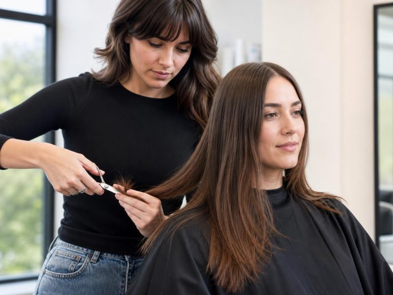 Stylist Trimming the Ends of Long Medium-Brown Hair with Cutting Shears in a Salon