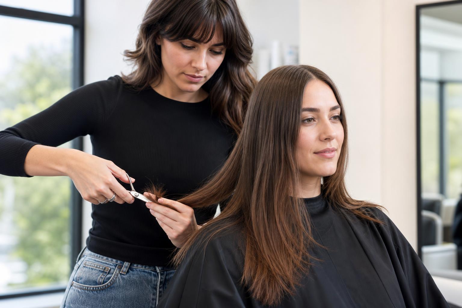 Stylist Trimming the Ends of Long Medium-Brown Hair with Cutting Shears in a Salon