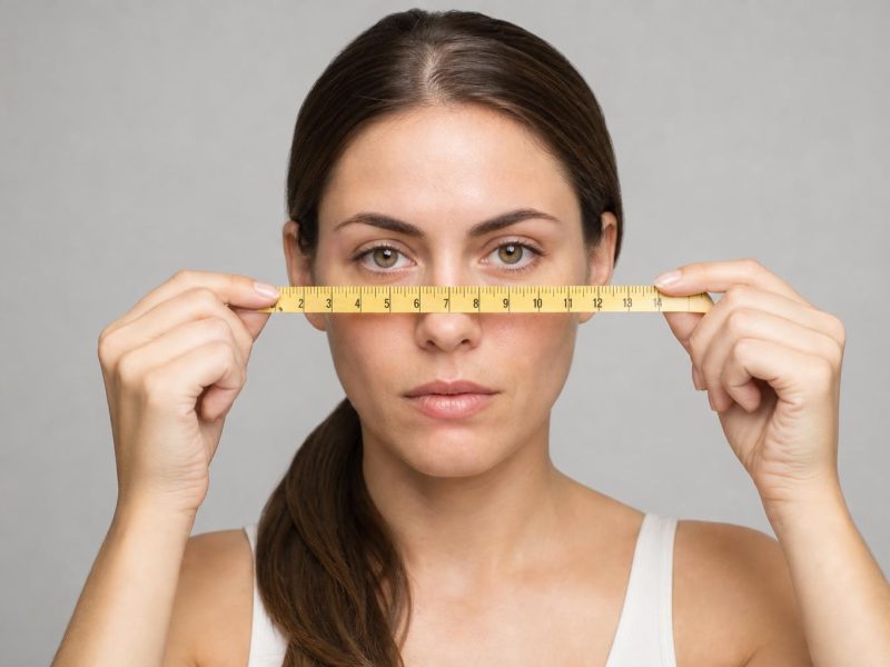 Measuring Cheekbone Width with a Soft Tape Measure on Hair Pulled Back into a Low Ponytail