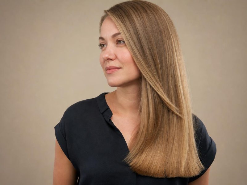 Dark Blonde Hair Grown Past Mid-Back with Thick Healthy Ends Pulled over One Shoulder