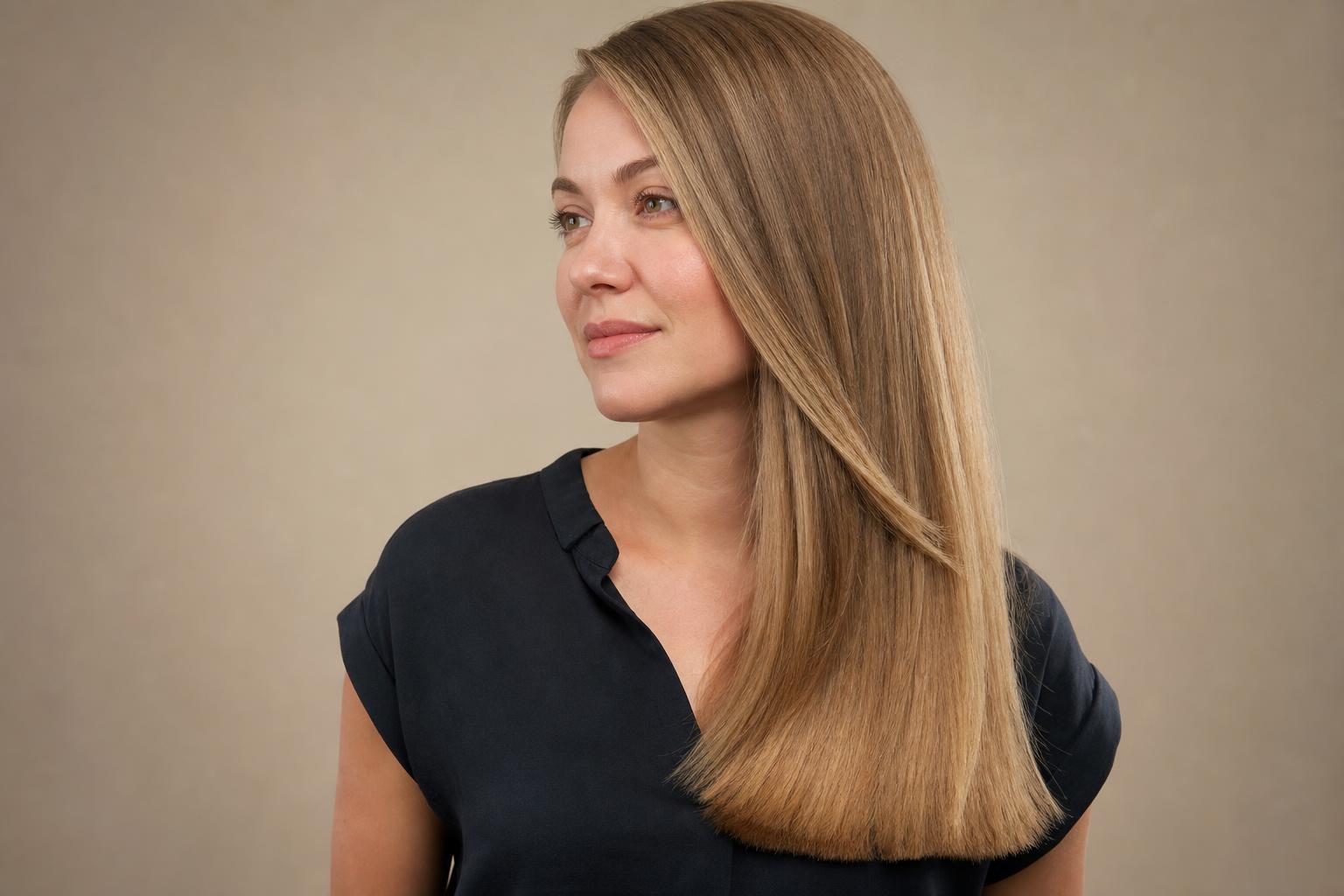 Dark Blonde Hair Grown Past Mid-Back with Thick Healthy Ends Pulled over One Shoulder
