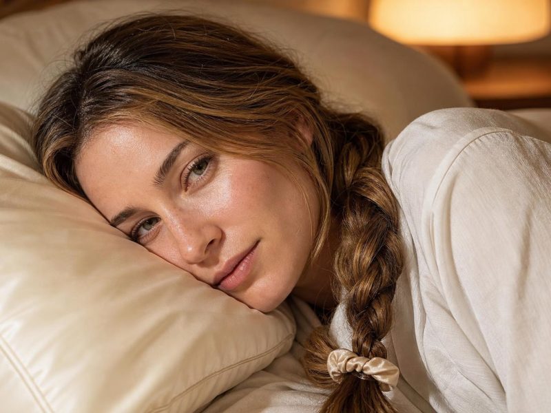 Long Dark Blonde Hair in a Loose Overnight Braid Resting on an Ivory Silk Pillowcase