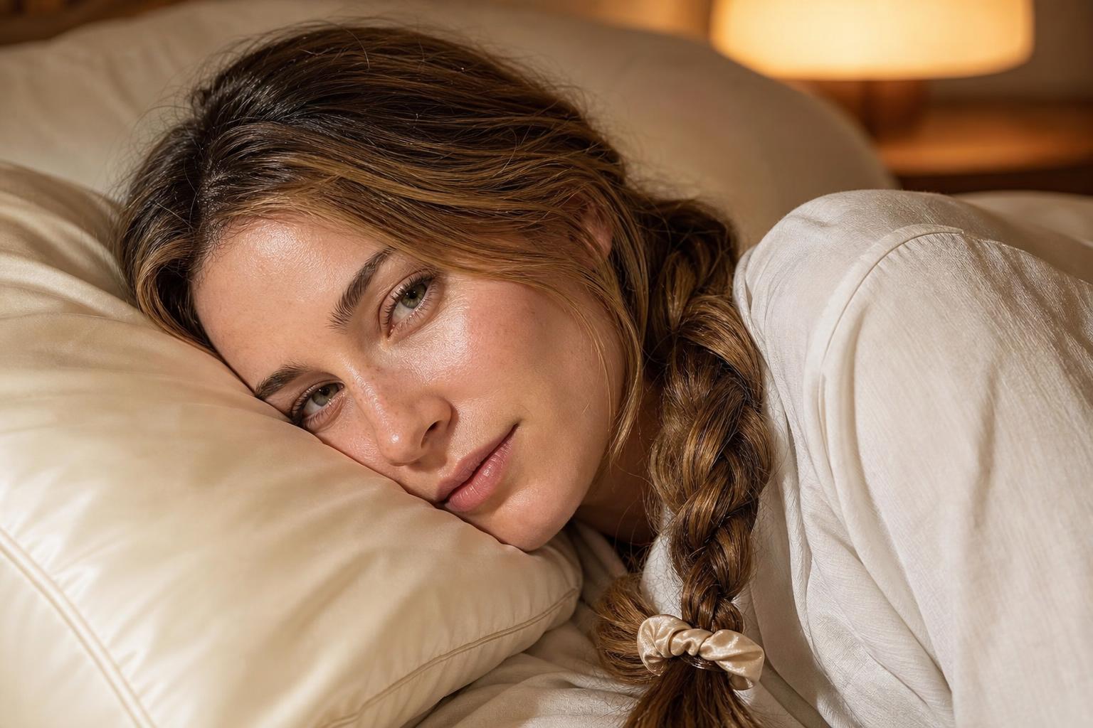 Long Dark Blonde Hair in a Loose Overnight Braid Resting on an Ivory Silk Pillowcase