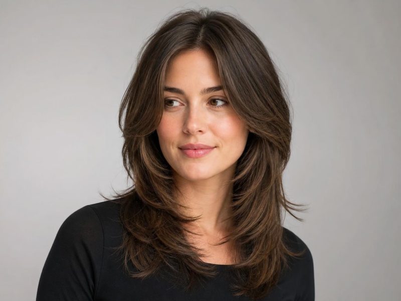 Woman Styling a Butterfly Haircut with a Round Brush for Voluminous Face-Framing Layers