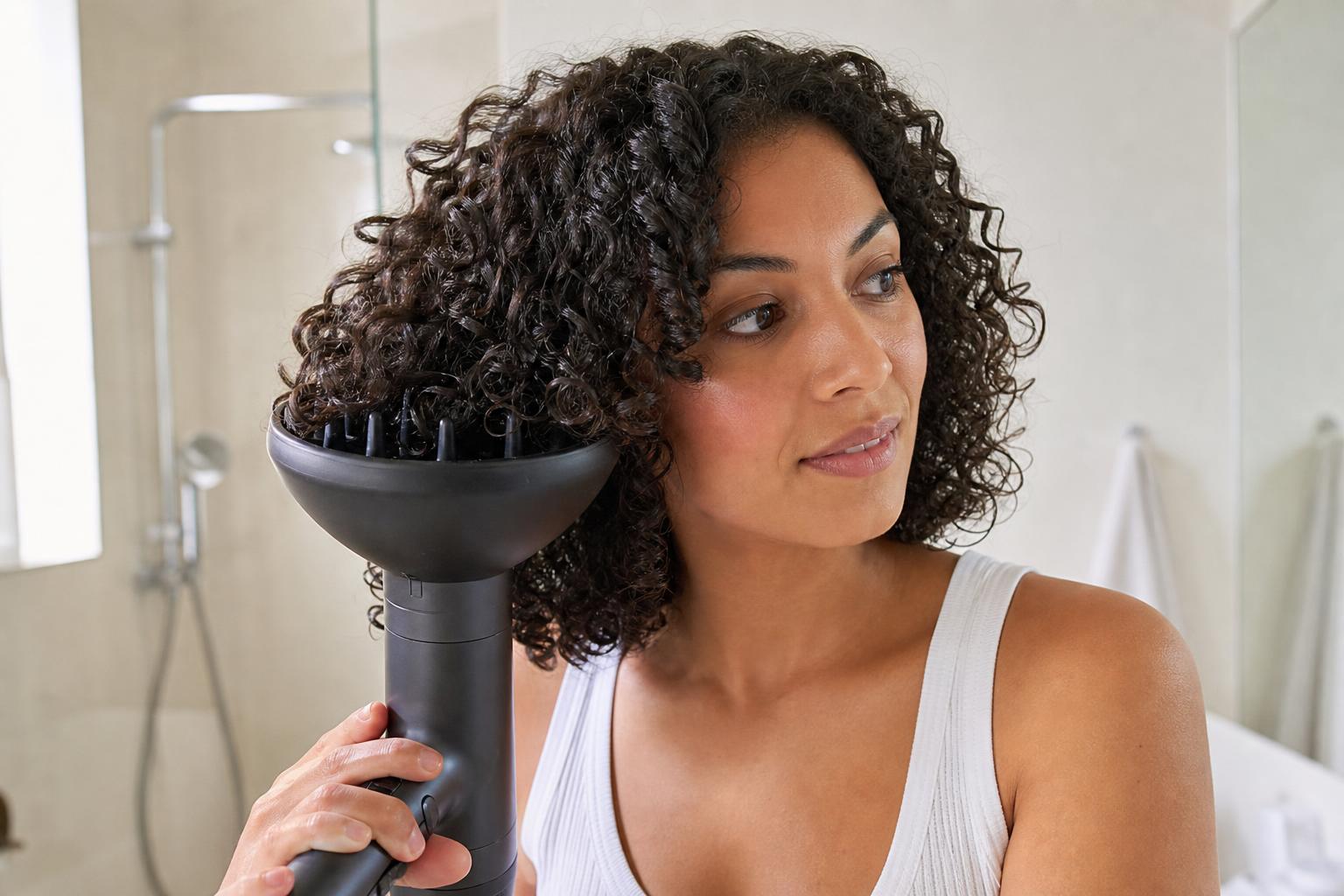 Diffusing Defined Dark Brown 3b Curls with a Bowl Diffuser Attachment at Shoulder Length