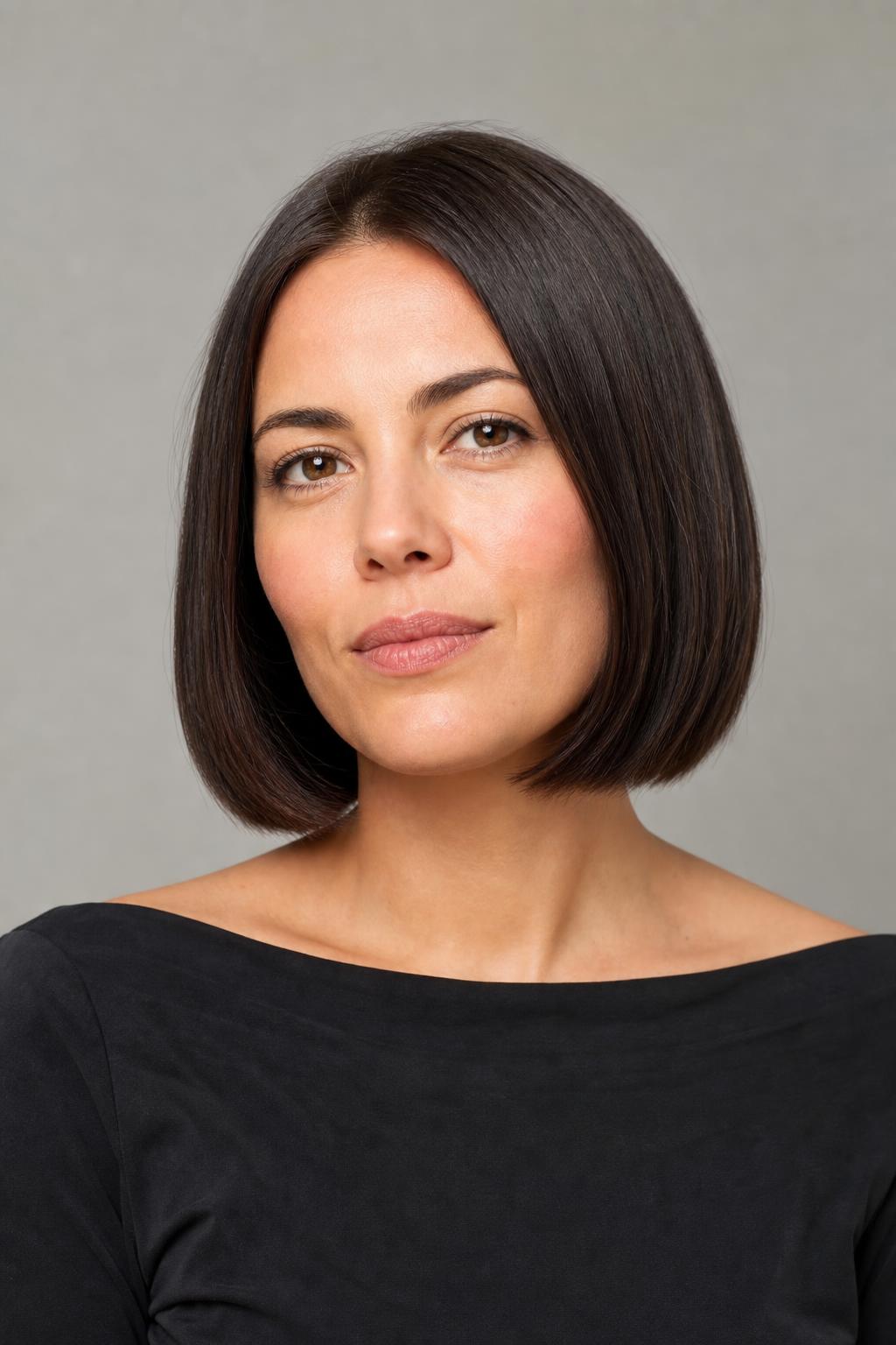 Chin-Length Blunt Bob with Dense Unthinned Ends on Medium Dark Hair