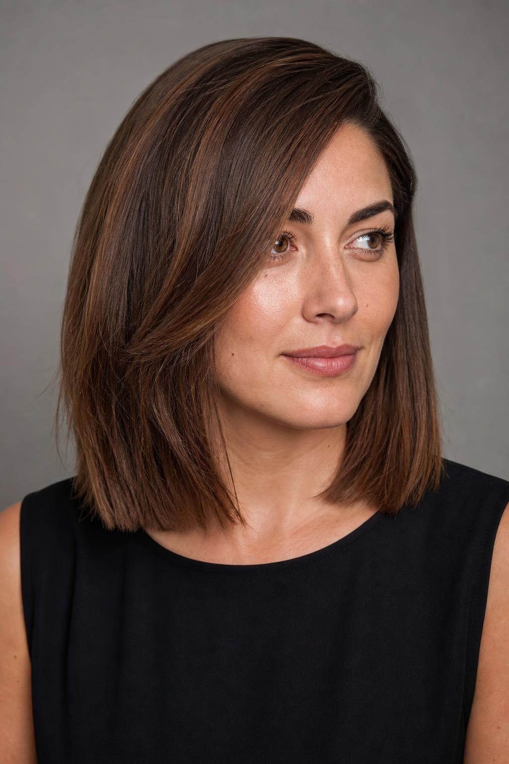 Blunt Lob with a Deep Side Part on Medium Chestnut Hair