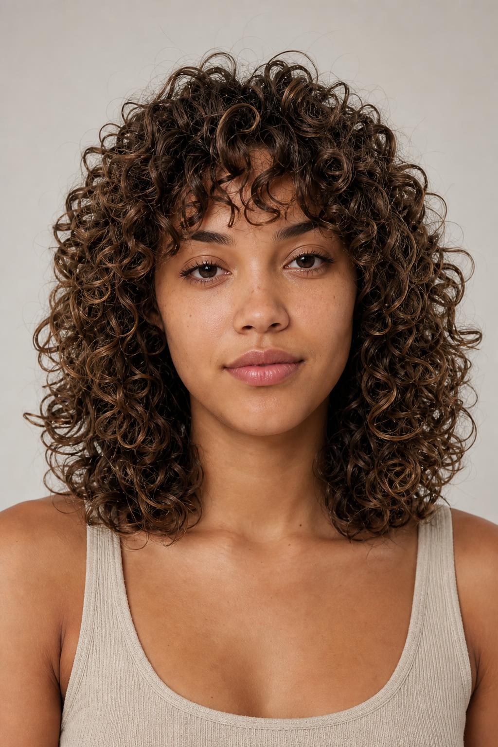 Curly Shag with a Rounded Outline on Shoulder-Length 3A Brown Curls