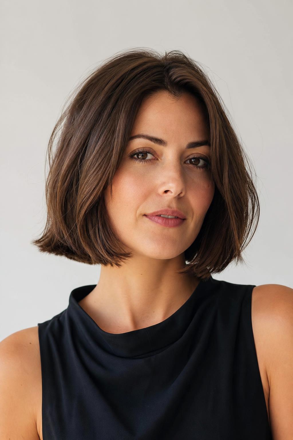Italian Bob Falling Just below the Ear with Soft Body on Thick Brown Hair