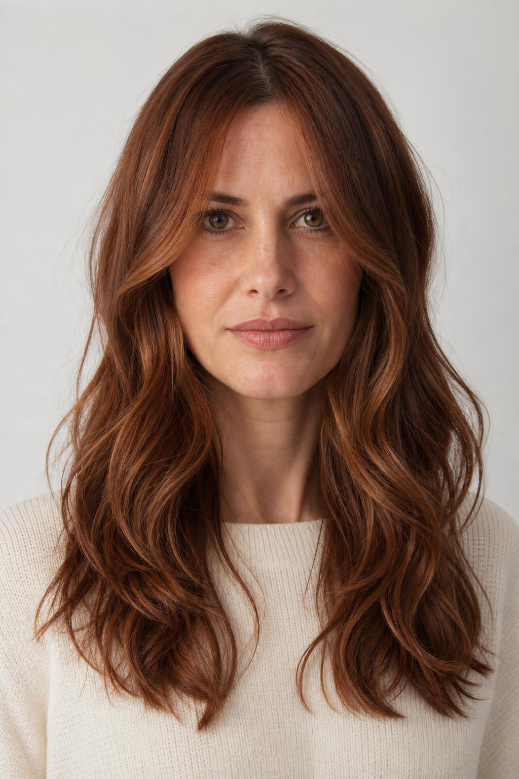 Long Layers with Jaw-Level Face-Framing Pieces on Wavy Auburn Hair