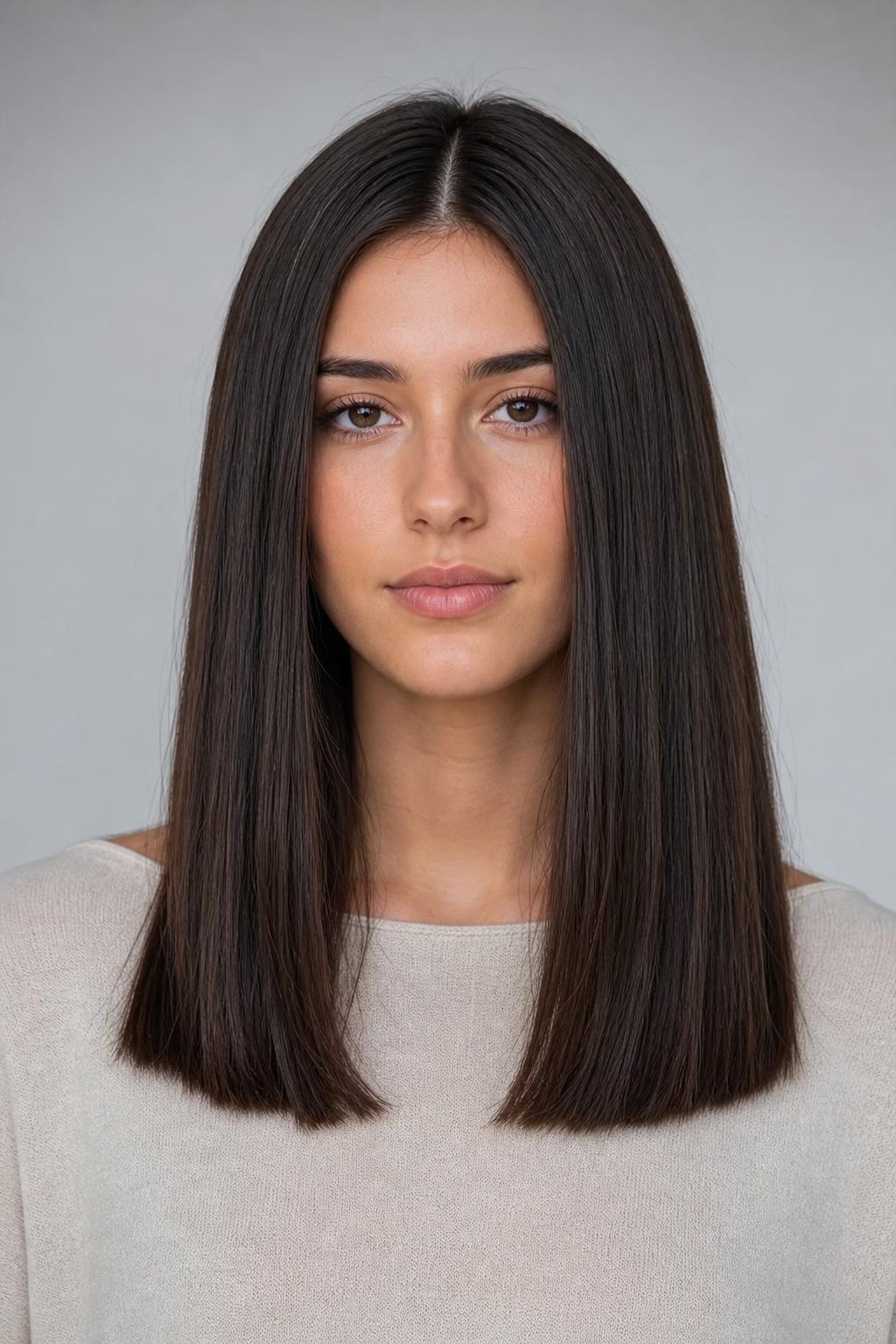 Mid-Back Length Hair Cut with No Layers on Thick Dark Brown Hair