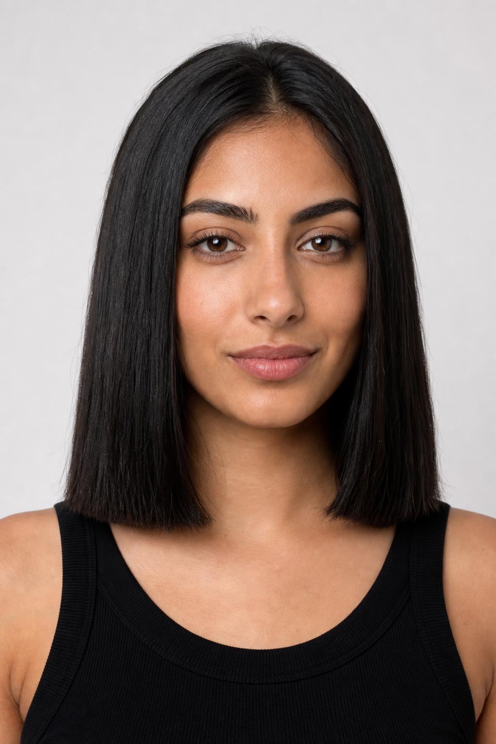 One-Length Collarbone Cut with Even Ends on Thick Coarse Black Hair