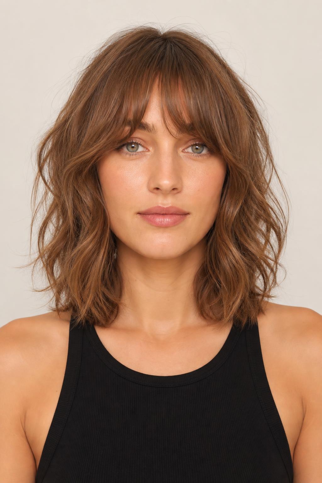 Modern Shag with Bottleneck Bangs on Collarbone-Length Wavy Hair