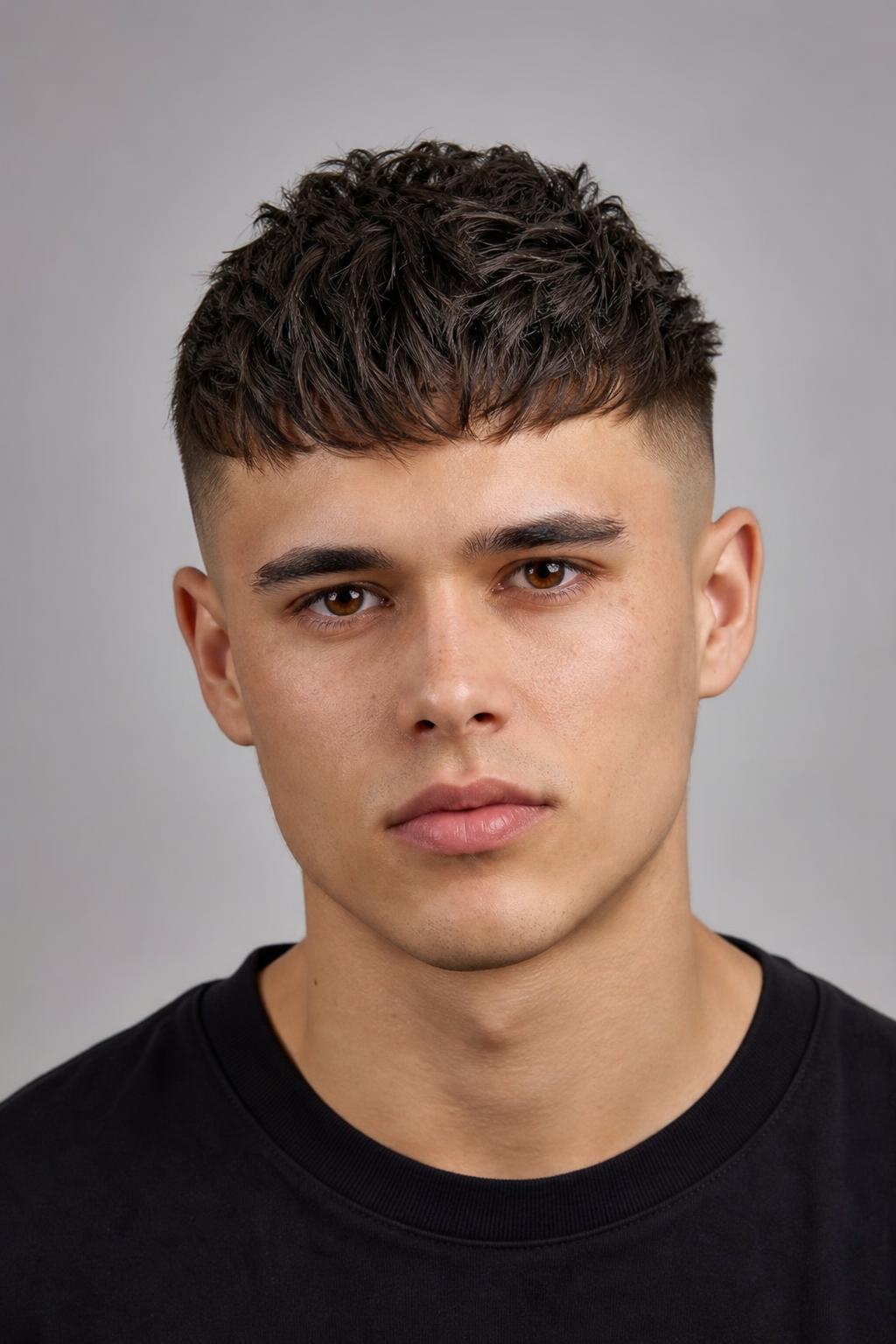 Skin Fade with Two Inches of Textured Length on Top on Dark Straight Hair