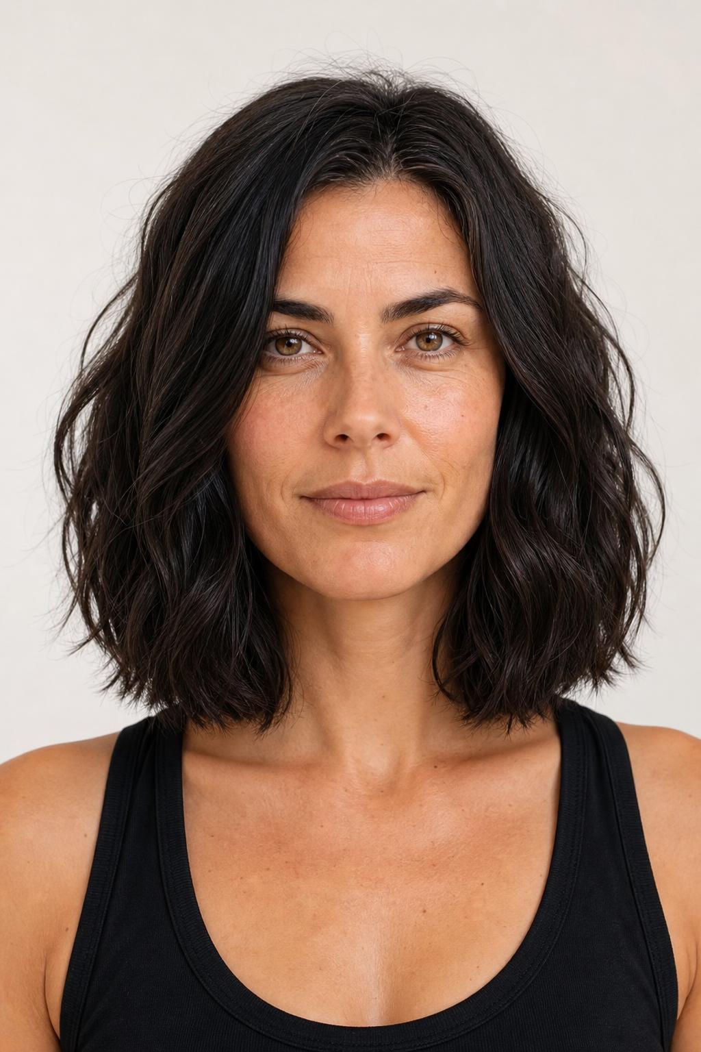 Shoulder-Length Weighted Long Bob on Coarse Dark Wavy Hair
