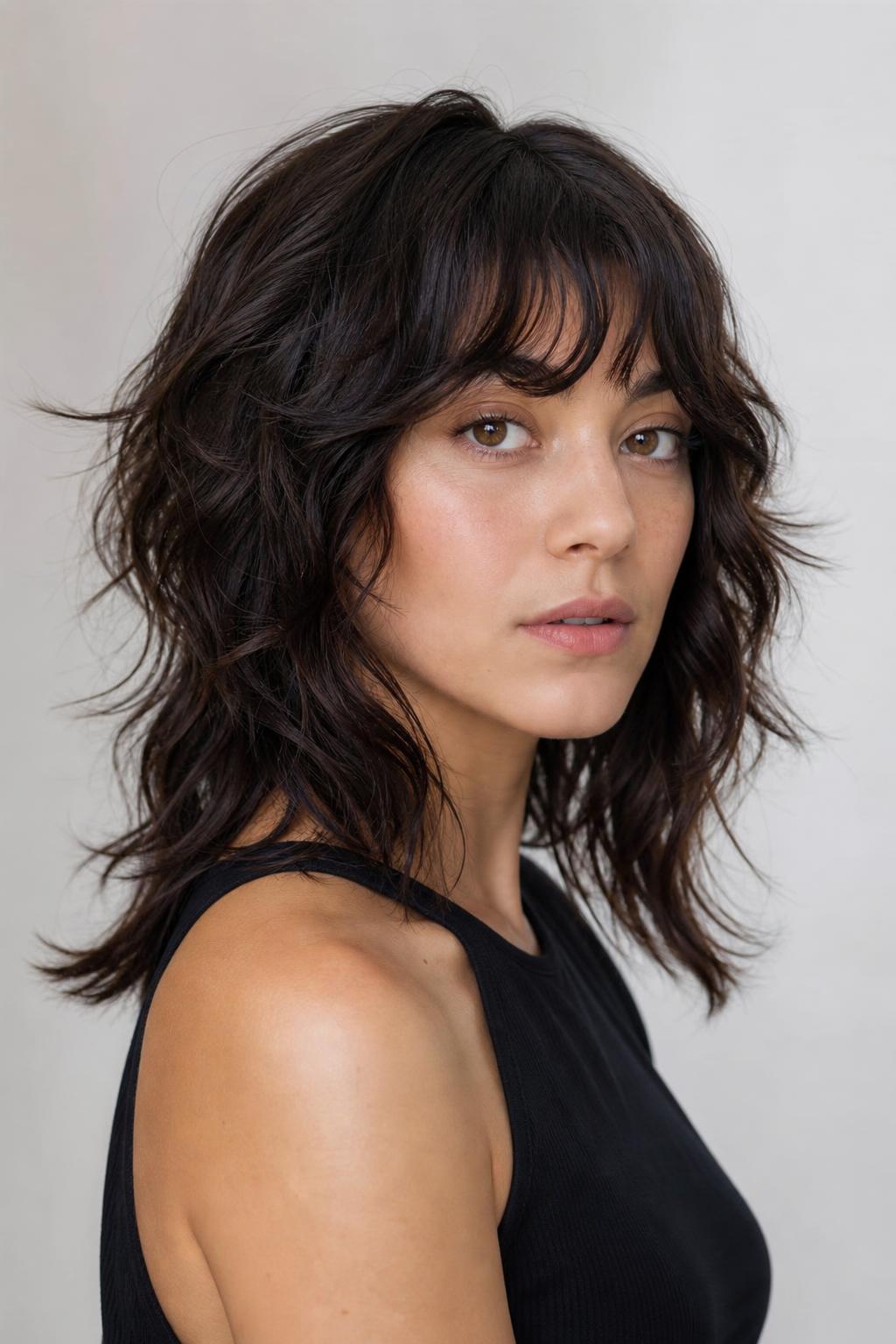 Wolf Cut with Short Crown Layers and Dense Ends on Dark Wavy Hair
