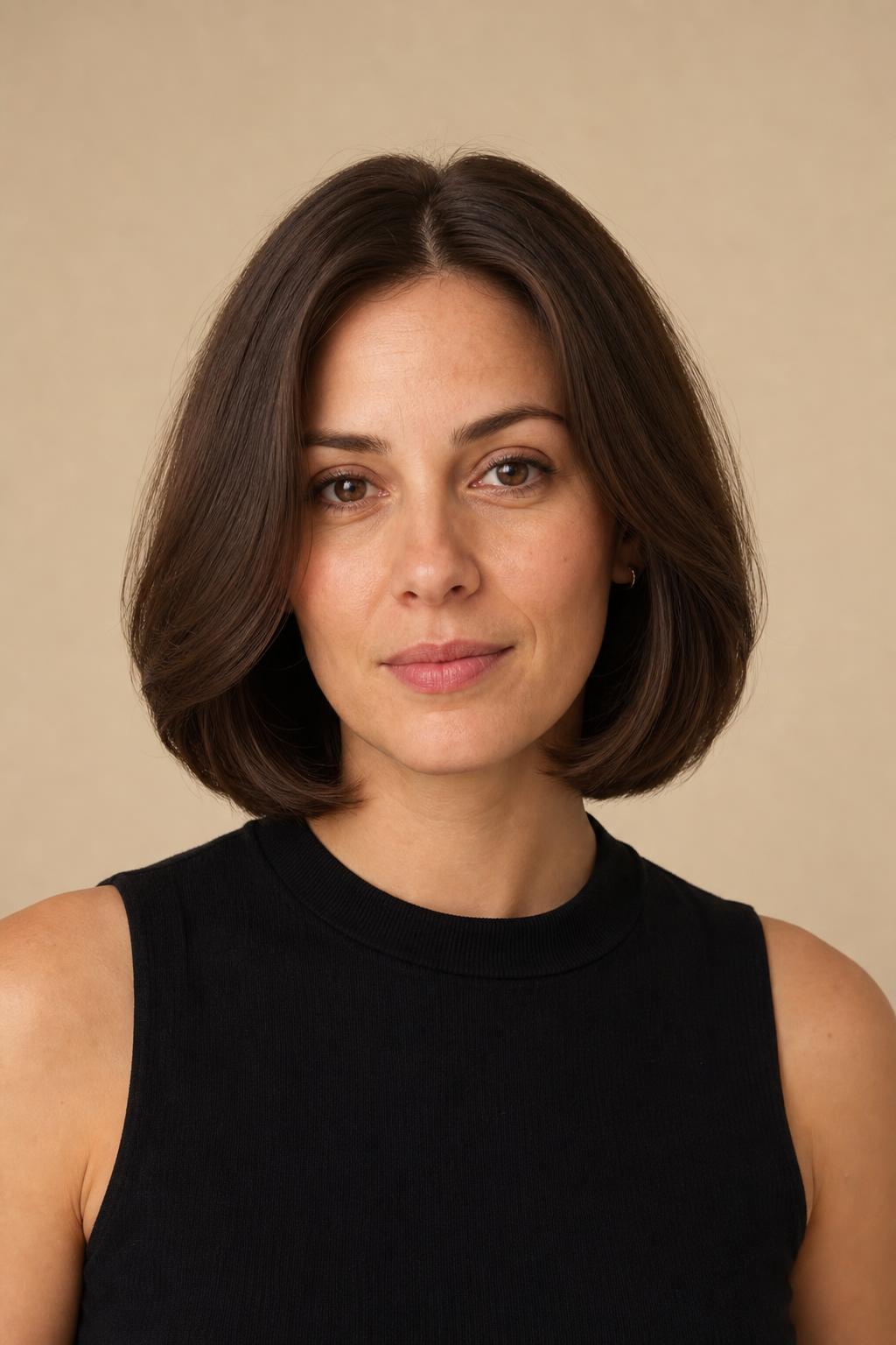 Italian Bob Ending at the Nape with Rounded Blow-Dried Volume on Thick Chestnut Hair