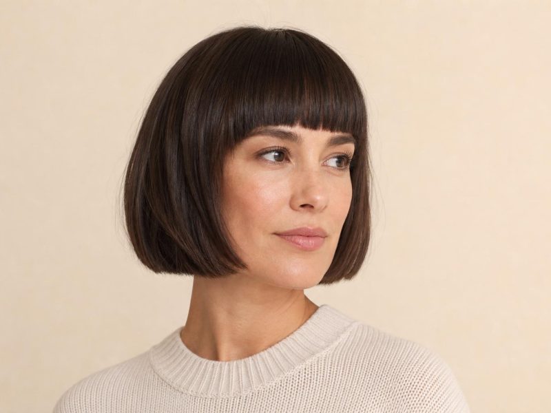 Chin-Length French Bob with a Full Blunt Fringe on Dark Brown Hair at Brow Level