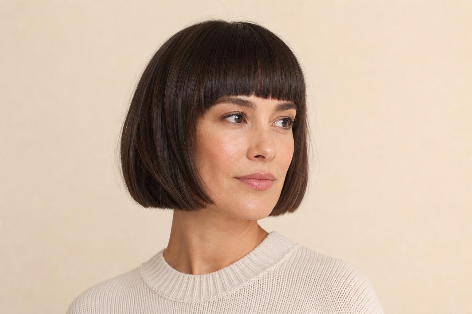 Chin-Length French Bob with a Full Blunt Fringe on Dark Brown Hair at Brow Level
