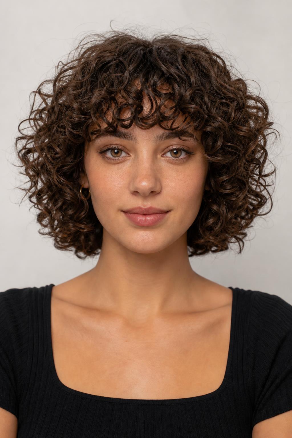 Curly Bob With Bangs That Settle at Eyebrow Level When Dry