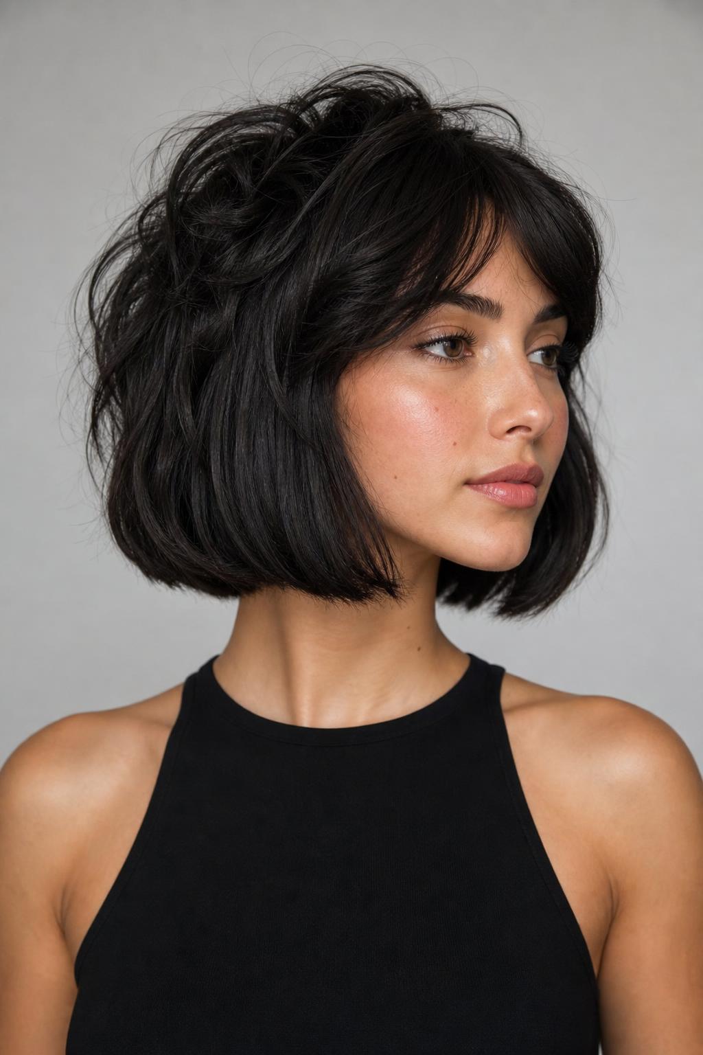 Disconnected Layered Bob With a Short Textured Crown Over a Heavier Perimeter