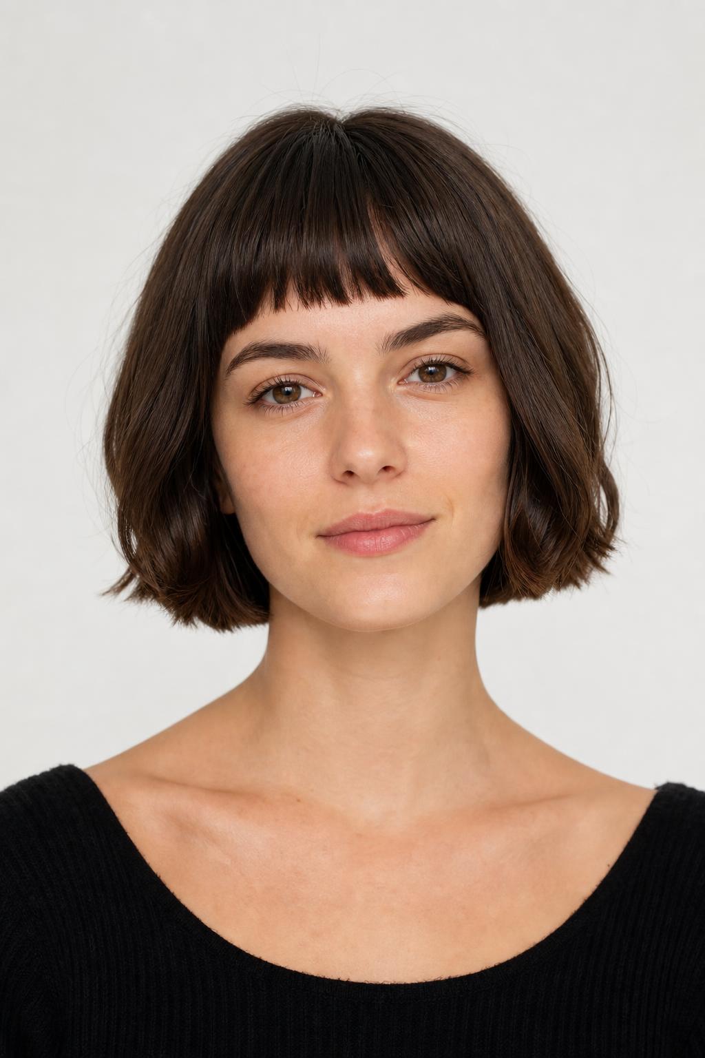 French Bob at Chin Length With Short Bangs and Soft Interior Layers