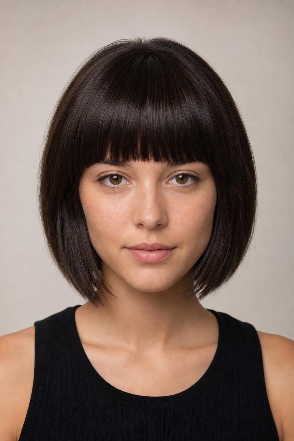 Layered Bob With Dense Blunt Bangs on Thick Hair