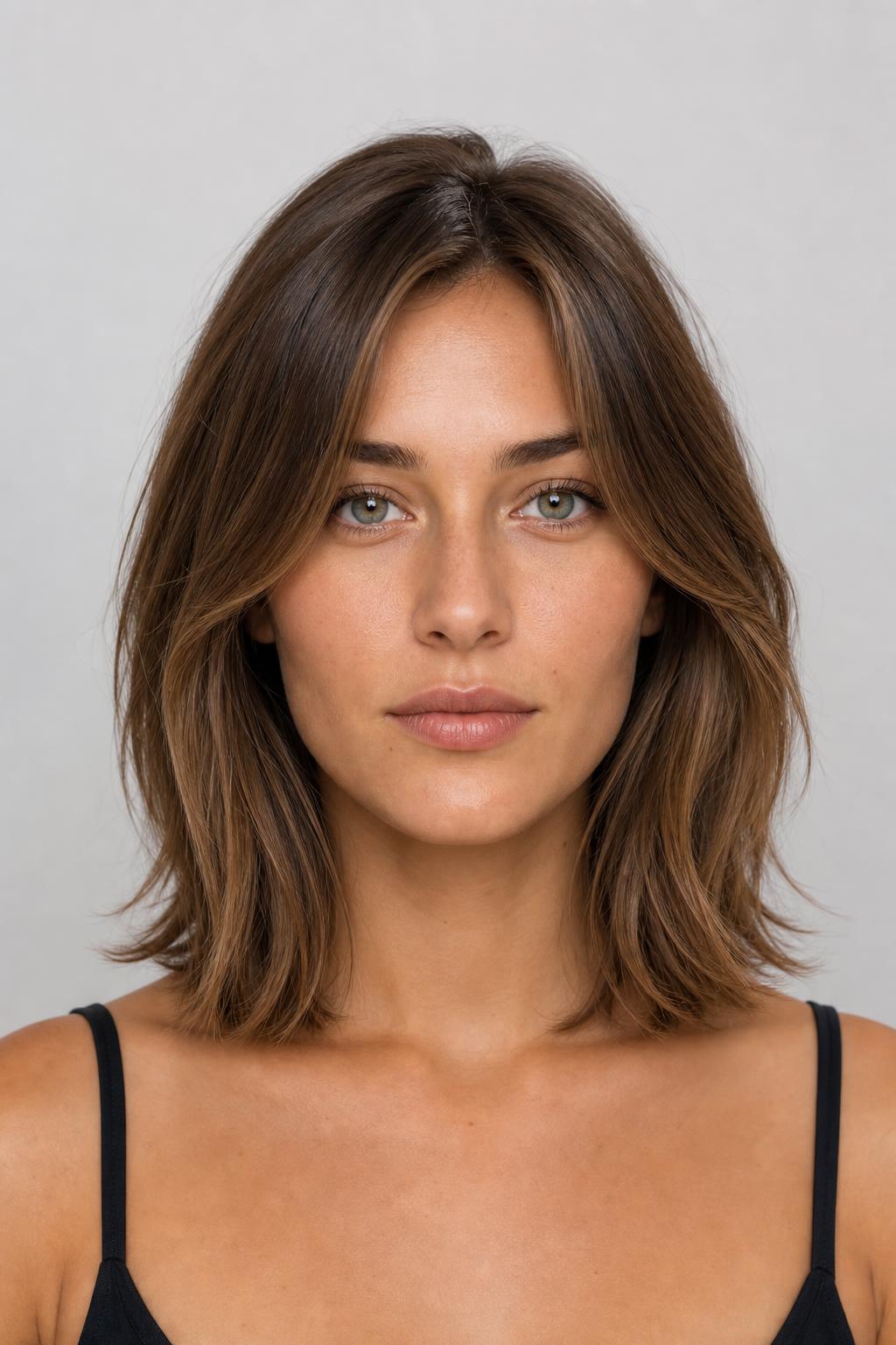 Layered Lob With Curtain Bangs Blended Into the First Layer